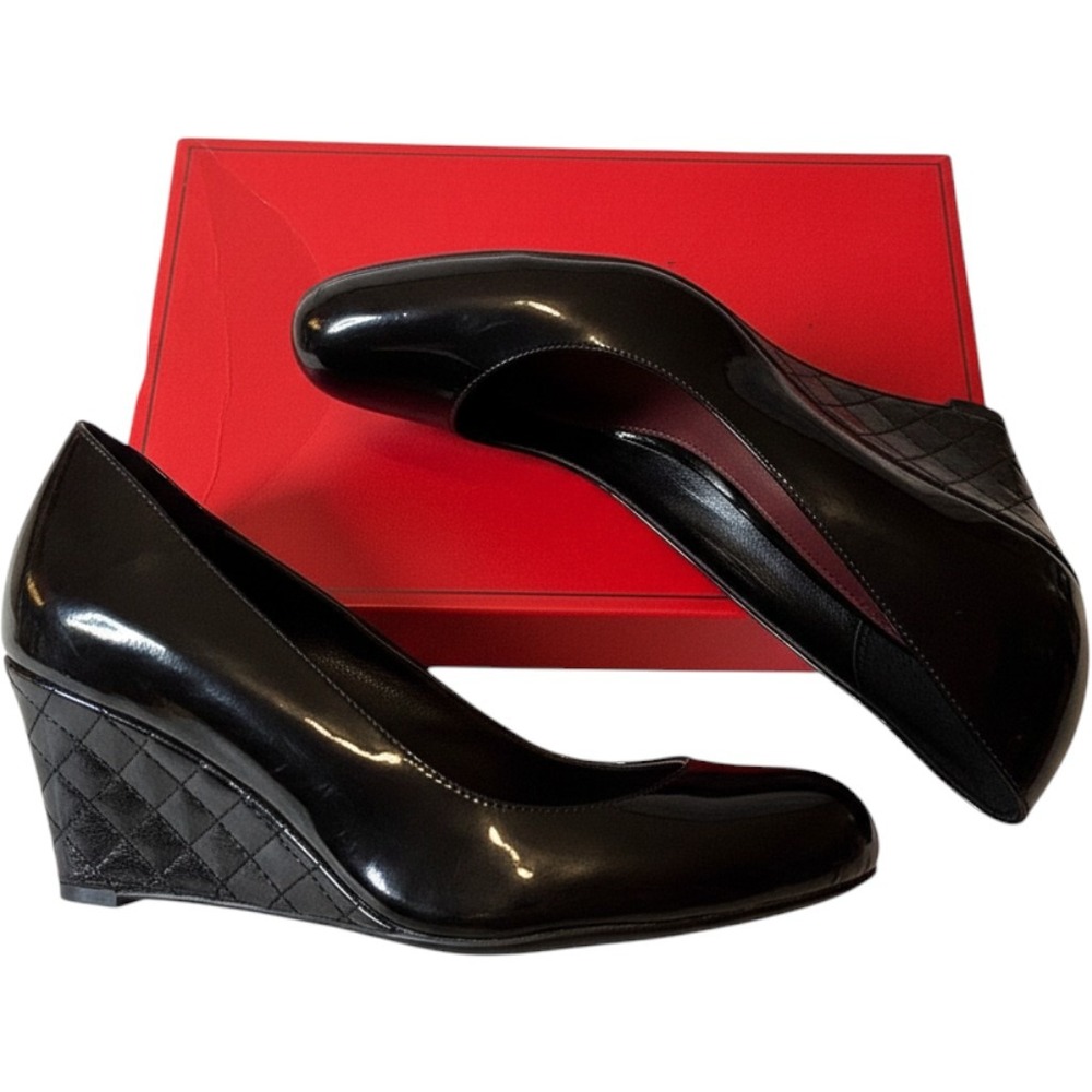 Johnston & Murphy Bethany Black Patent Quilted Wedge Pumps 7.5M 78-40411